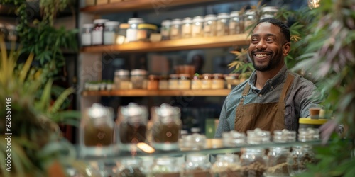 Friendly Worker in Cannabis Dispensary Smiling. A cheerful employee in an apron smiles while assisting customers at a well-organized cannabis dispensary with various products.