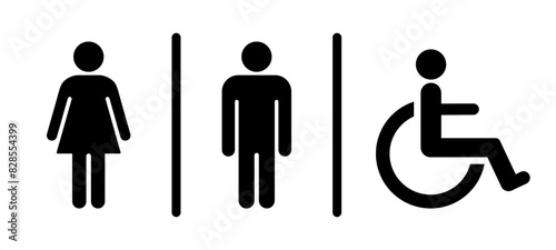 WC room icon. Man, woman and disabled silhouette. Male, female and unisex toilet. Handicapped symbol. Bathroom sign isolated.