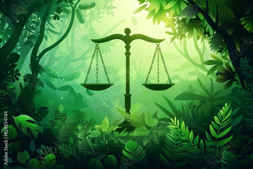 scales of justice in lush green forest environmental law and protection concept illustration