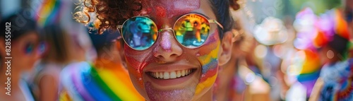 celebration at pride festival, colorful face paint, joyful expressions, diverse crowd, vibrant atmosphere