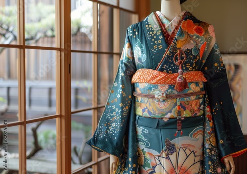 A kimono with a floral pattern and a colorful obi sash