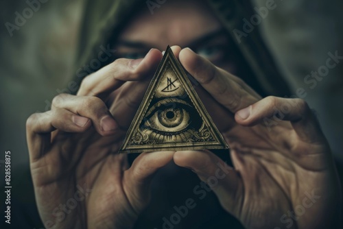 Someone holding a triangle with an eye in itб occult symbolism concept 