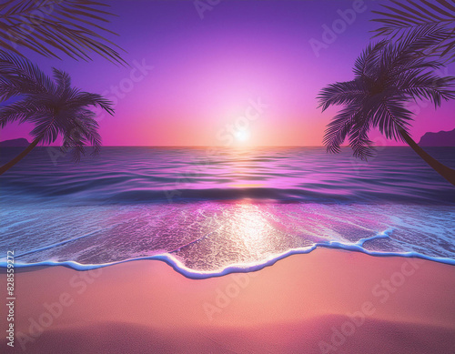 Palmy, ocean i plaża o zachodzie słońca, wakacje
