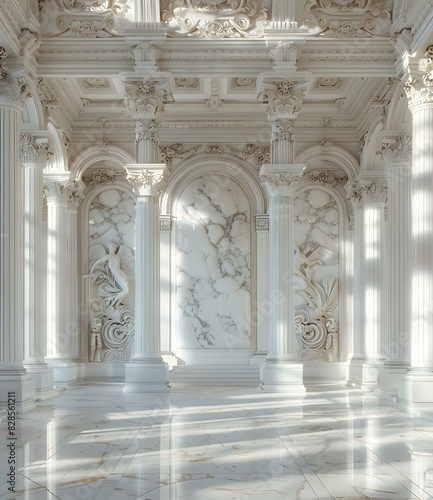 A long arched hallway with white marble bas-reliefs