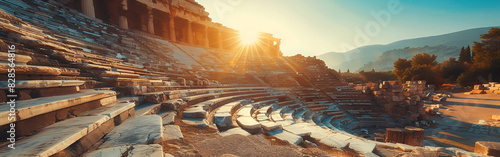 Ancient Greek amphitheater bathed in the warm glow archaeology sun on a background 
