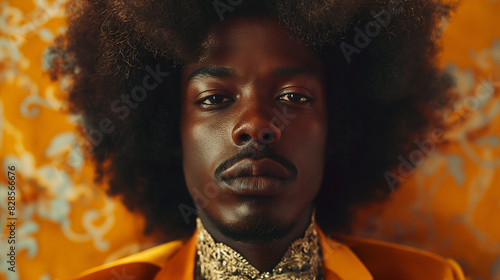 African American man with voluminous curls hairstyle, 70s Fashion theme