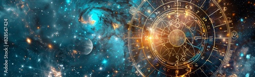 Zodiac signs in a space with stars and planets, astrology concept 