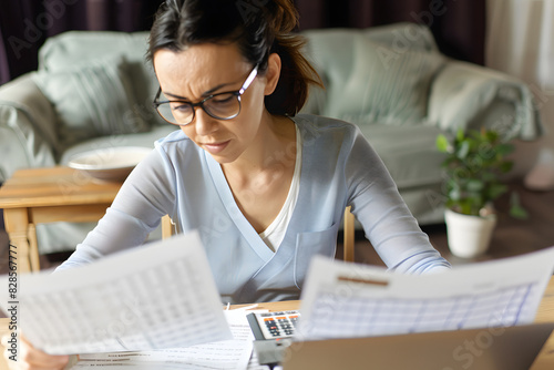 Woman Reviewing Financial Documents for Tax Planning and Budgeting, Sitting in Living Room with Laptop