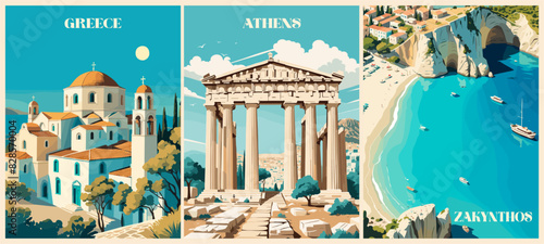 Set of Greece Travel Destination Posters in retro style. Zakynthos island, Athens landscape prints. European summer vacation, holidays concept. Vintage vector colorful illustrations.