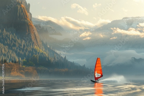 Windsurfing on a lake with beautiful mountain backdrop. Ideal for outdoor sports and travel concepts