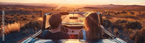 Couple driving in a convertible car in the desertroad, trip honeymoon 
