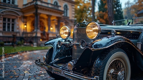 Elegant vintage car from the 1930s, parked in front of a historic mansion, showcasing timeless design and luxury