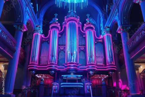 A large pipe organ inside a building. Suitable for music and architecture themes