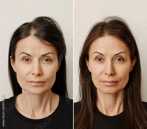 Woman with hair loss problem before and after treatment, hair loss treatment, hair transplantation, on white background. Reception at a trichologist.Collage of 2 photos