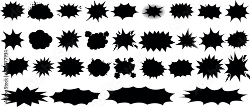 Comic explosion speech bubble vector shapes, speech bubble silhouettes, starburst designs in black. Ideal for graphic design, comic book art, pop art, and digital illustrations