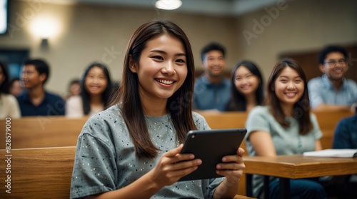 Student smiling while using touchpad in lecture hall, camera-facing