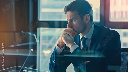 Pensive businessman in a modern office, contemplating a critical decision, enveloped in warm sunlight and a reflective mood.