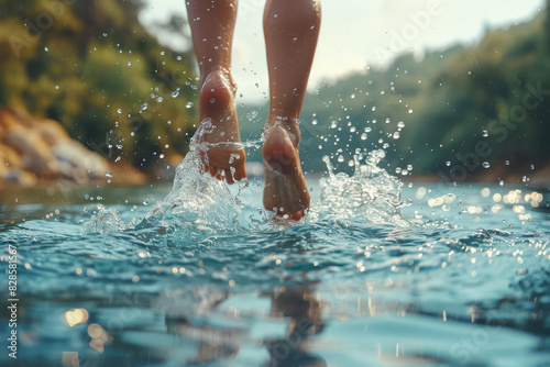 Close-up of feet jumping into water on a sunny day, evoking feelings of joy and freedom