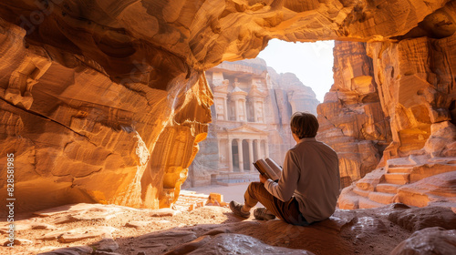 Man reading a book inside sandstone cave overlooking Jordan