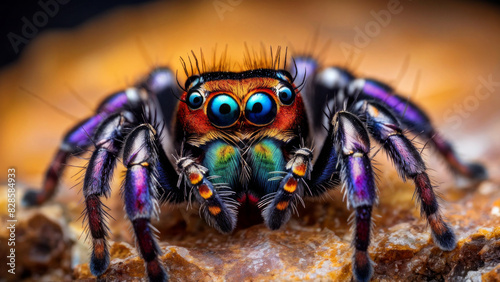 The spider has large, prominent blue eyes with smaller eyes next to them. Its body and legs have bright colors and patterns, including shades of purple, blue, and orange.