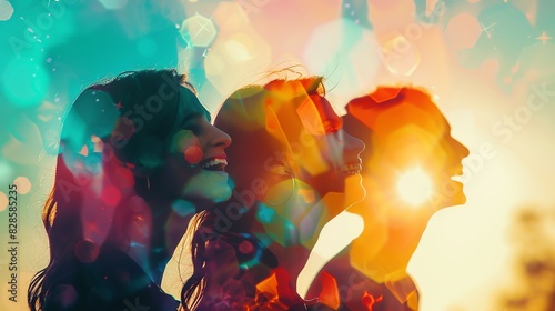 A joyful group of friends laughing and enjoying the sunlight, captured with artistic colorful bokeh effects, creating a vibrant and happy energy.