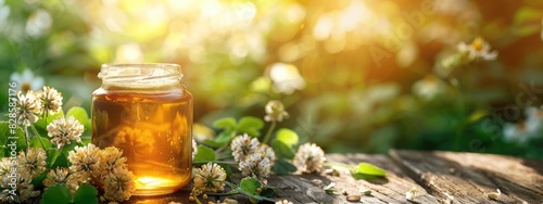 close-up of a jar of clover honey. Selective focus
