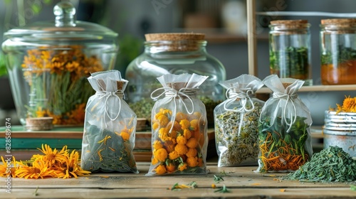 dried medicinal herbs and flowers on the table