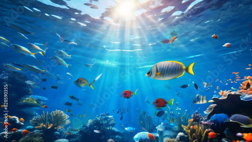 An underwater world with a variety of tropical fish swimming around coral reefs.