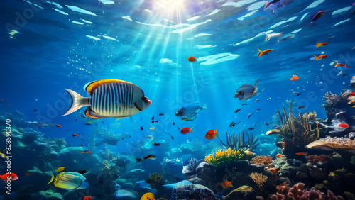 An underwater world with a variety of tropical fish swimming around coral reefs.