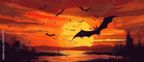A painting of bats flying over a lake at sunset