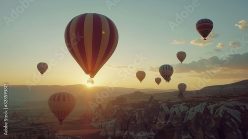 Vibrant hot air balloons in sunrise sky above cappadocia, realistic travel photo