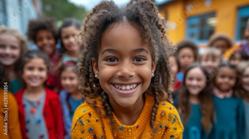 A smiling young girl exhibits a joyful expression and bright eyes, indicating a sense of happiness and childhood fun