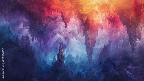 Abstract colorful clouds painting, blending vibrant hues of red, orange, purple, and blue, creating a mystical, surreal atmosphere.