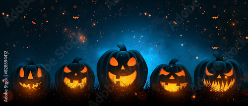 A row of pumpkins with their eyes open and mouths wide open, lit up in the dark