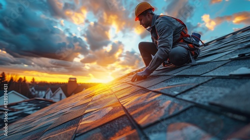 A skilled roofer installs shingles on a roof during a breathtaking sunset, showing craftsmanship and diligence