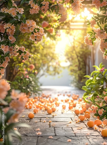 A beautiful garden path with orange trees and flowers