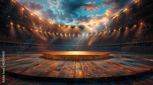 A spotlight illuminates an empty stage in a massive stadium at sunset