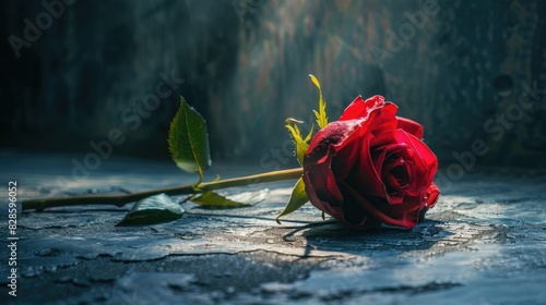 A vibrant red rose lies elegantly on a weathered textured surface