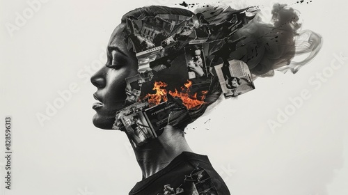 Collage of woman's portrait with a lot of pieces and fragments around her head. Blask and white, Abstrart, creative art, close up