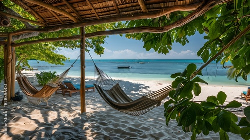 A serene beachfront cabana with comfortable loungers and a hammock overlooking turquoise waters and a sandy beach under a blue sky.