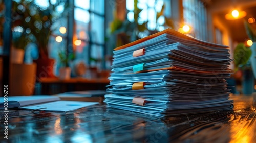 A sizable stack of papers with colorful tabs suggesting organization or an ongoing project on an office table