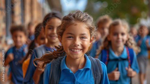 Cheerful schoolgirl with a bright smile in school uniform surrounded by classmates reflecting friendship and education
