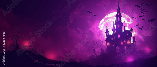 A purple background with a castle and bats flying around a moon