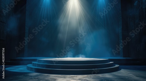 An empty spotlighted stage surrounded by atmospheric blue lighting and mist