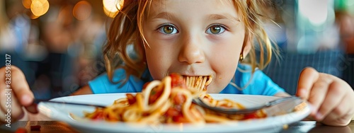 close-up of a child eating pasta. Selective focus