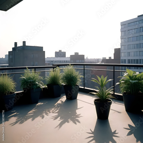 An empty loft terrace balcony on penthouse NY,Madrid,London with plants windows carpet Augmented reality mockup pattern frame