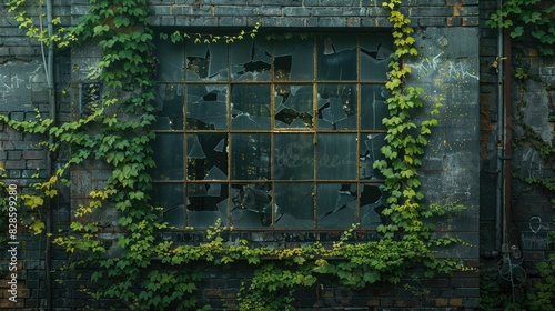Broken window on an old brick wall overtaken by creeping ivy