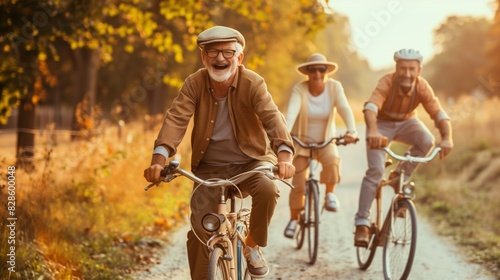 Active seniors enjoying biking for fun