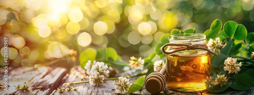 close-up of a jar of clover honey. Selective focus