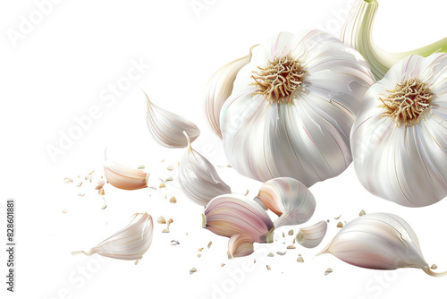 Close-up of fresh garlic bulbs and cloves on a white background, showcasing the natural texture and details of the garlic.